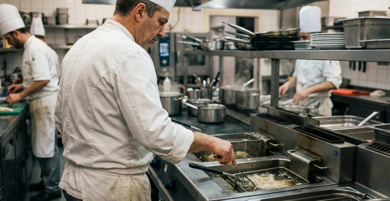 Chef vérifiant une friteuse industrielle dans une cuisine de restaurant (traçabilité huiles)