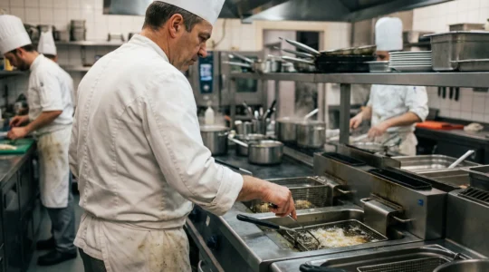 Chef vérifiant une friteuse industrielle dans une cuisine de restaurant (traçabilité huiles)