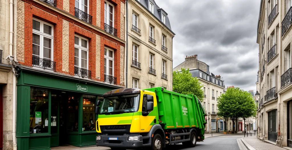 Camion de collecte devant un restaurant à Nantes (gestion biodéchets)