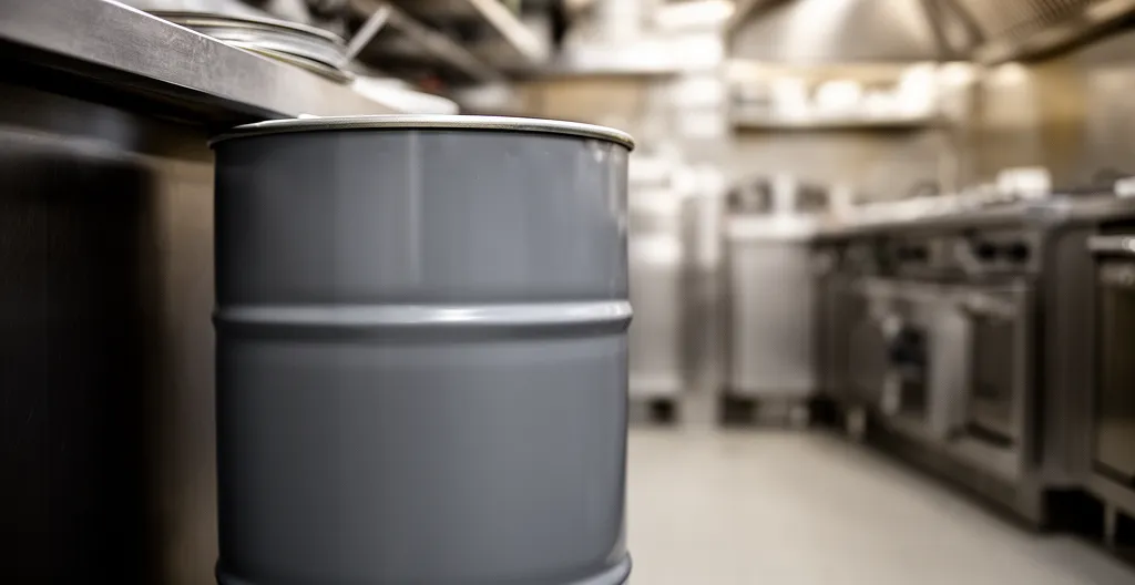 Fût de collecte pour huiles usagées dans une cuisine de restaurant (bordereau de suivi)