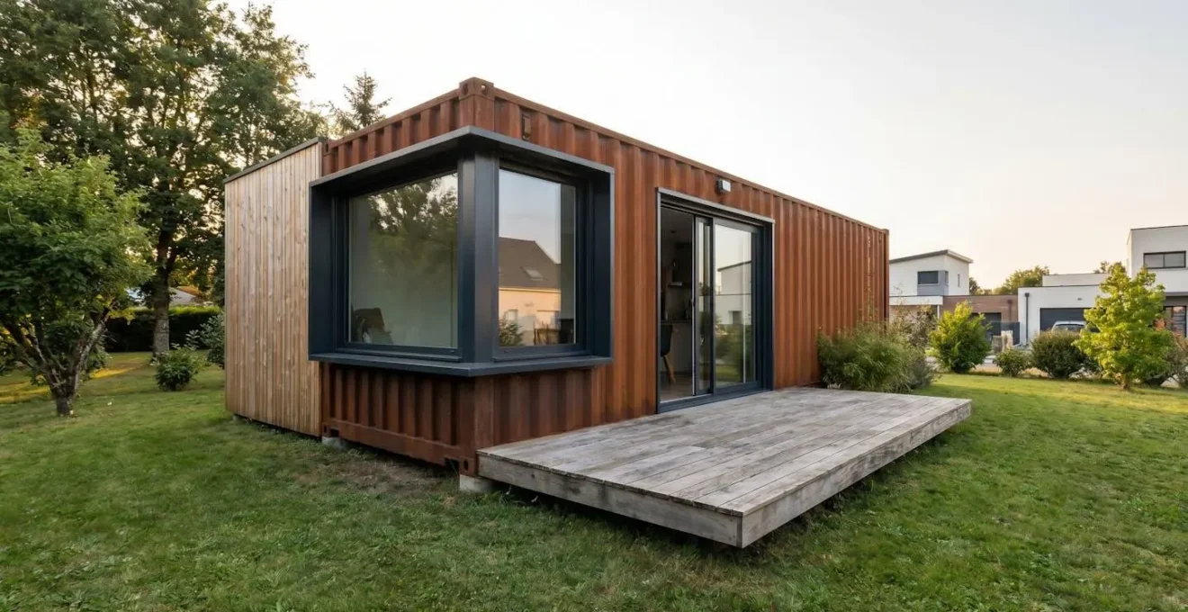 Conteneur maritime de 40 pieds aménagé en habitation avec façade vitrée et terrasse bois, intégré dans un terrain résidentiel contemporain
