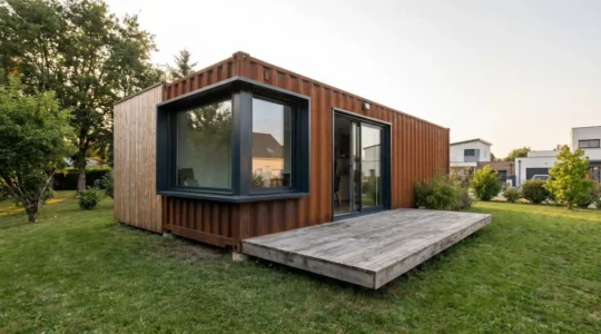 Conteneur maritime de 40 pieds aménagé en habitation avec façade vitrée et terrasse bois, intégré dans un terrain résidentiel contemporain
