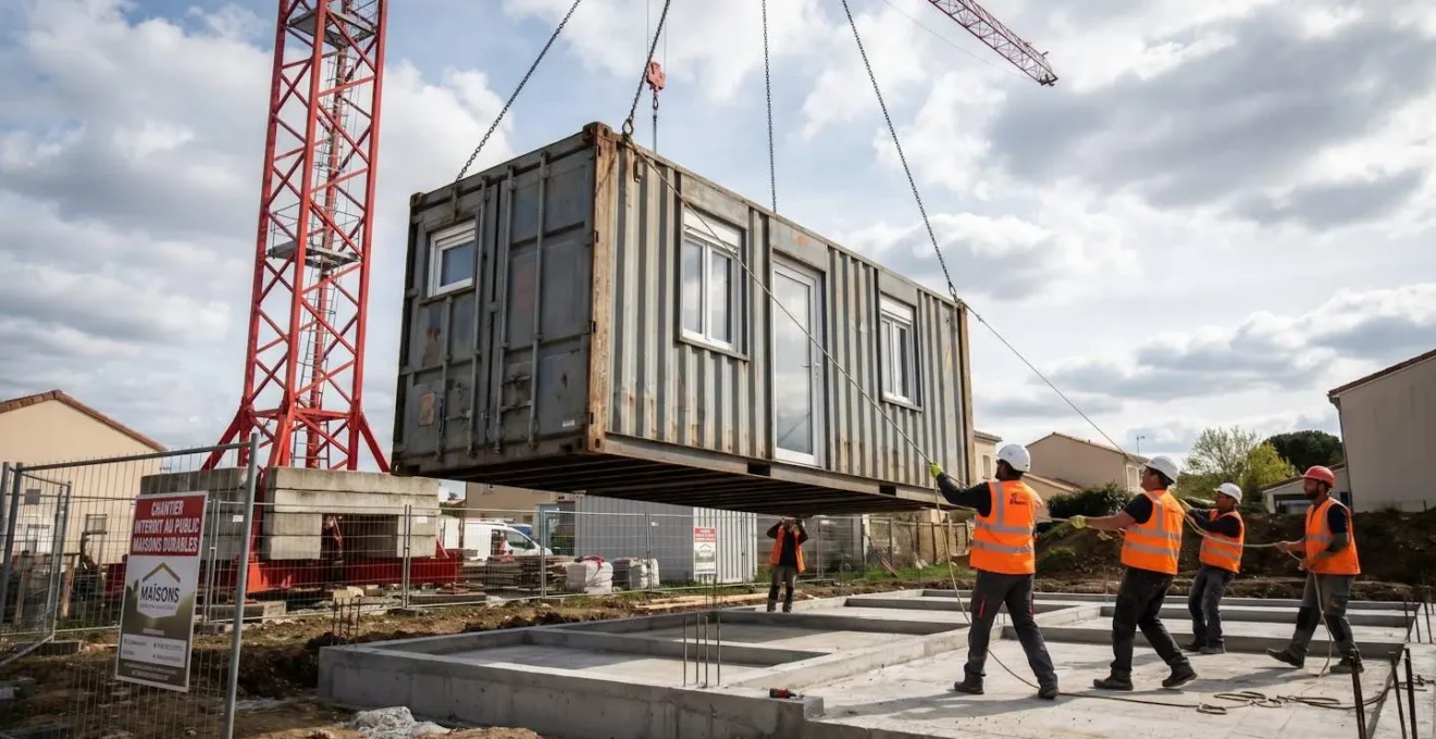 Grue de chantier installant un conteneur aménagé sur des fondations avec équipe de techniciens en sécurité