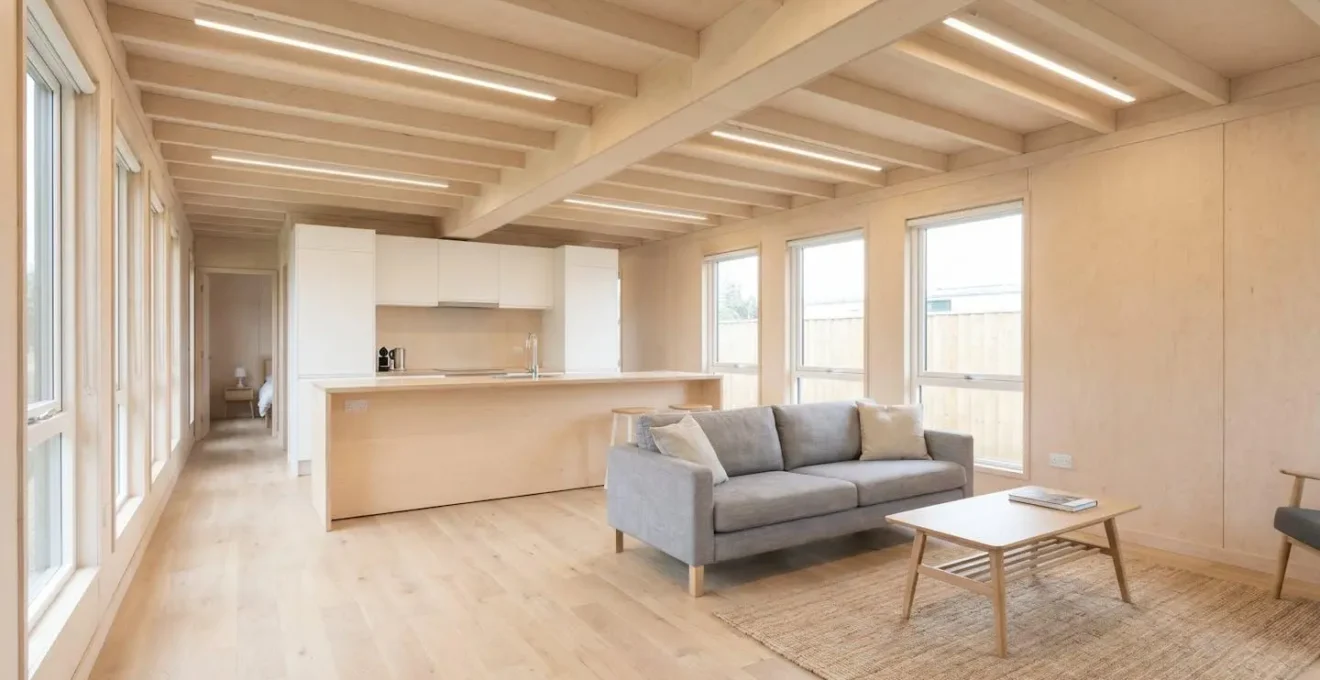 Intérieur de conteneur aménagé avec cuisine ouverte, salon et optimisation de l'espace dans un design moderne