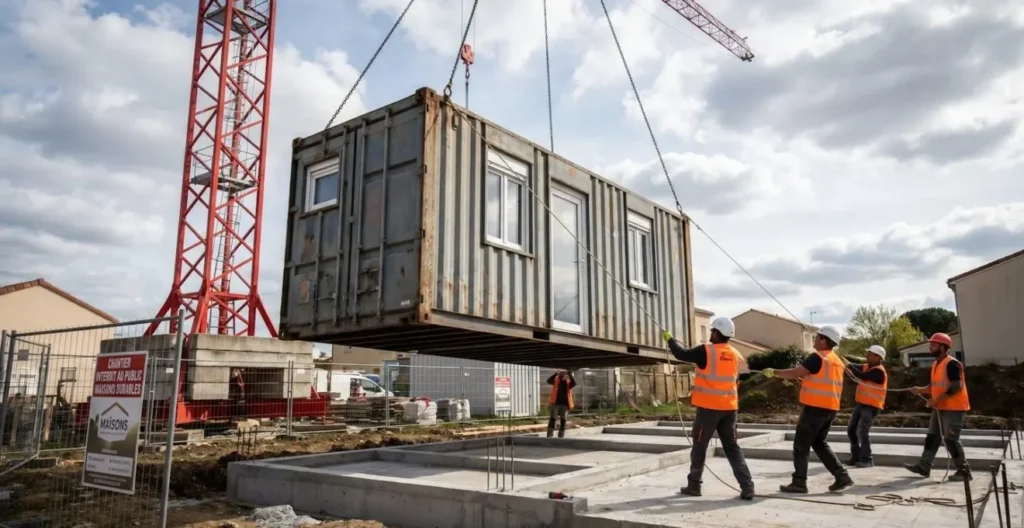 Grue de chantier installant un conteneur aménagé sur des fondations avec équipe de techniciens en sécurité Grue de chantier installant un conteneur aménagé sur des fondations avec équipe de techniciens en sécurité