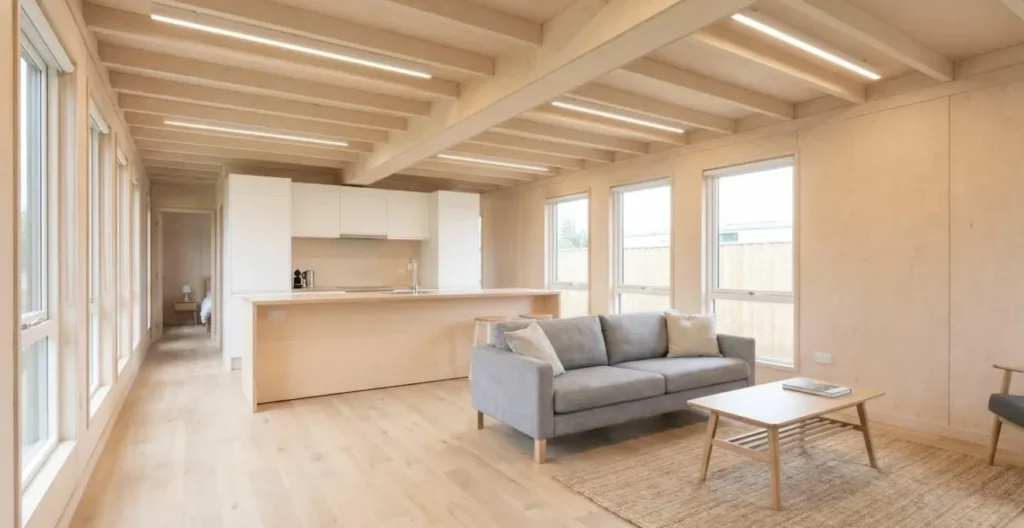 Intérieur de conteneur aménagé avec cuisine ouverte, salon et optimisation de l'espace dans un design moderne Intérieur de conteneur aménagé avec cuisine ouverte, salon et optimisation de l'espace dans un design moderne