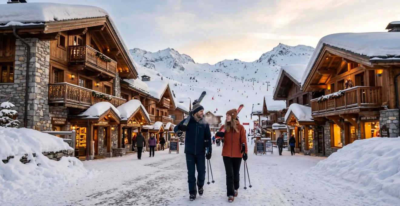 Un couple portant des skis marche dans la rue enneigée d'une station de ski française.