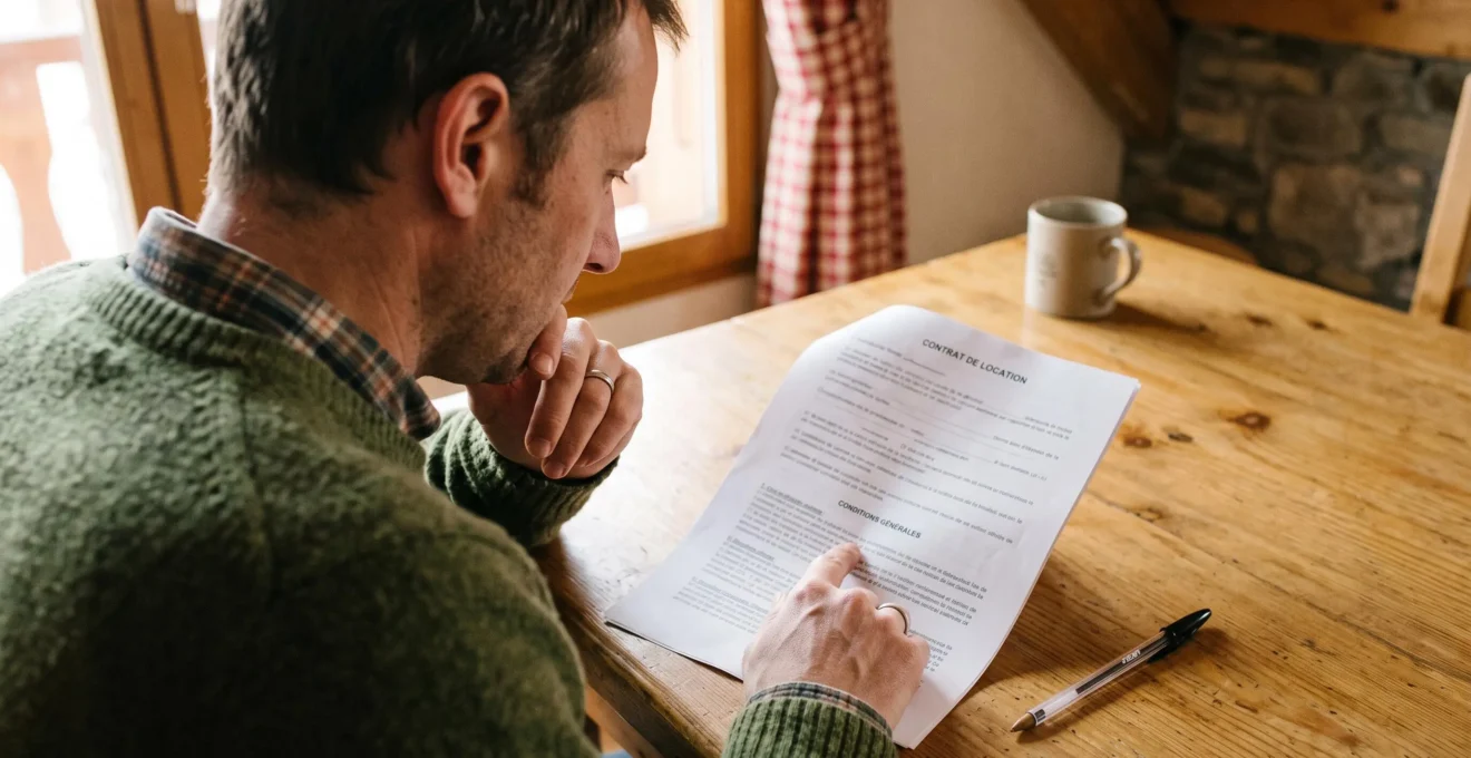 Un locataire relit attentivement un contrat de location posé sur une table en bois.